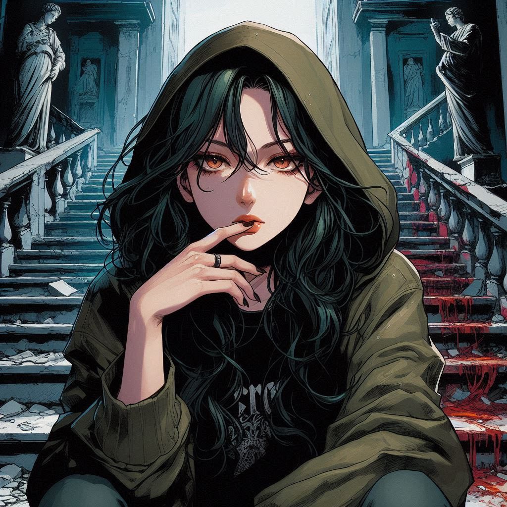 在廢墟樓梯上的女子