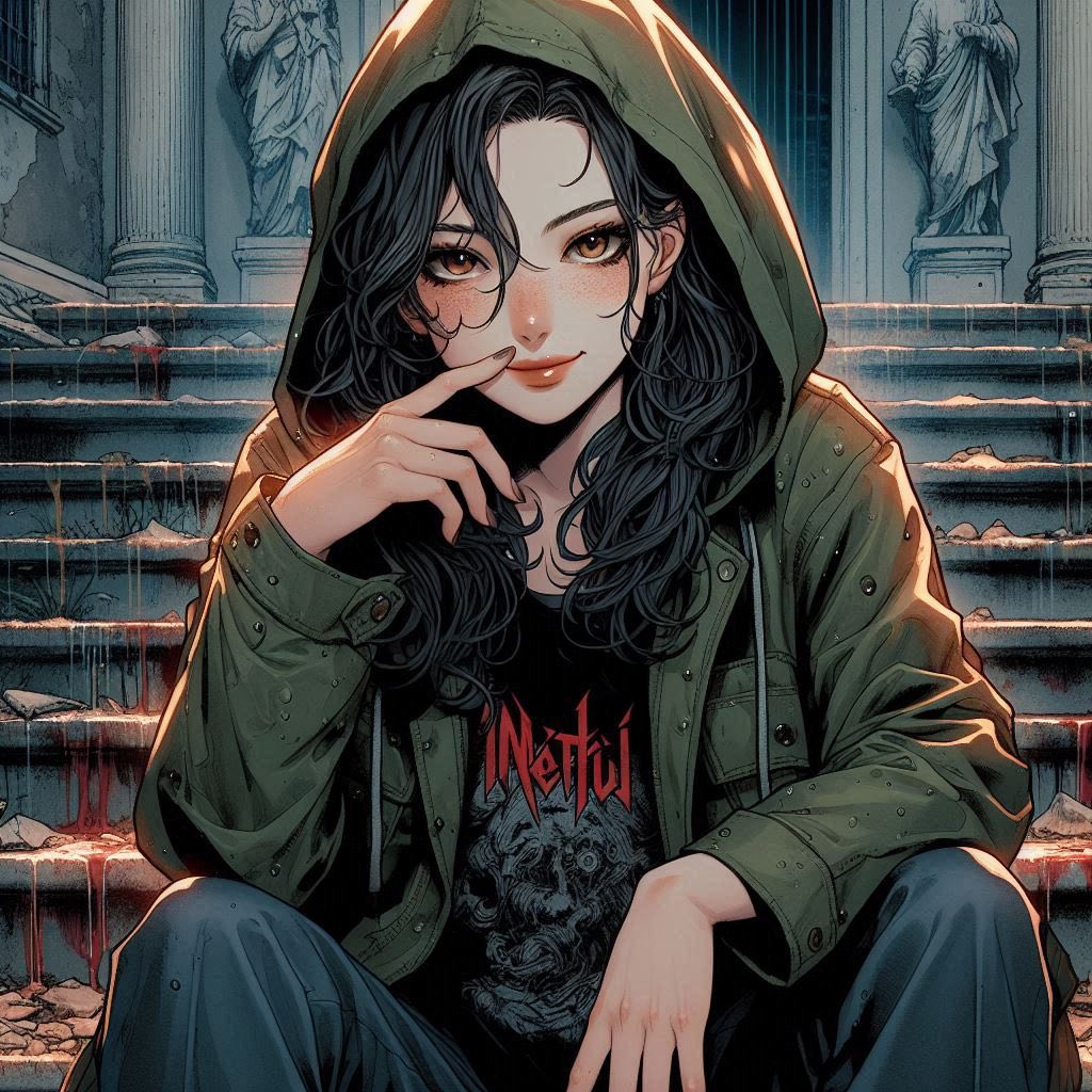 在廢墟樓梯上的女子