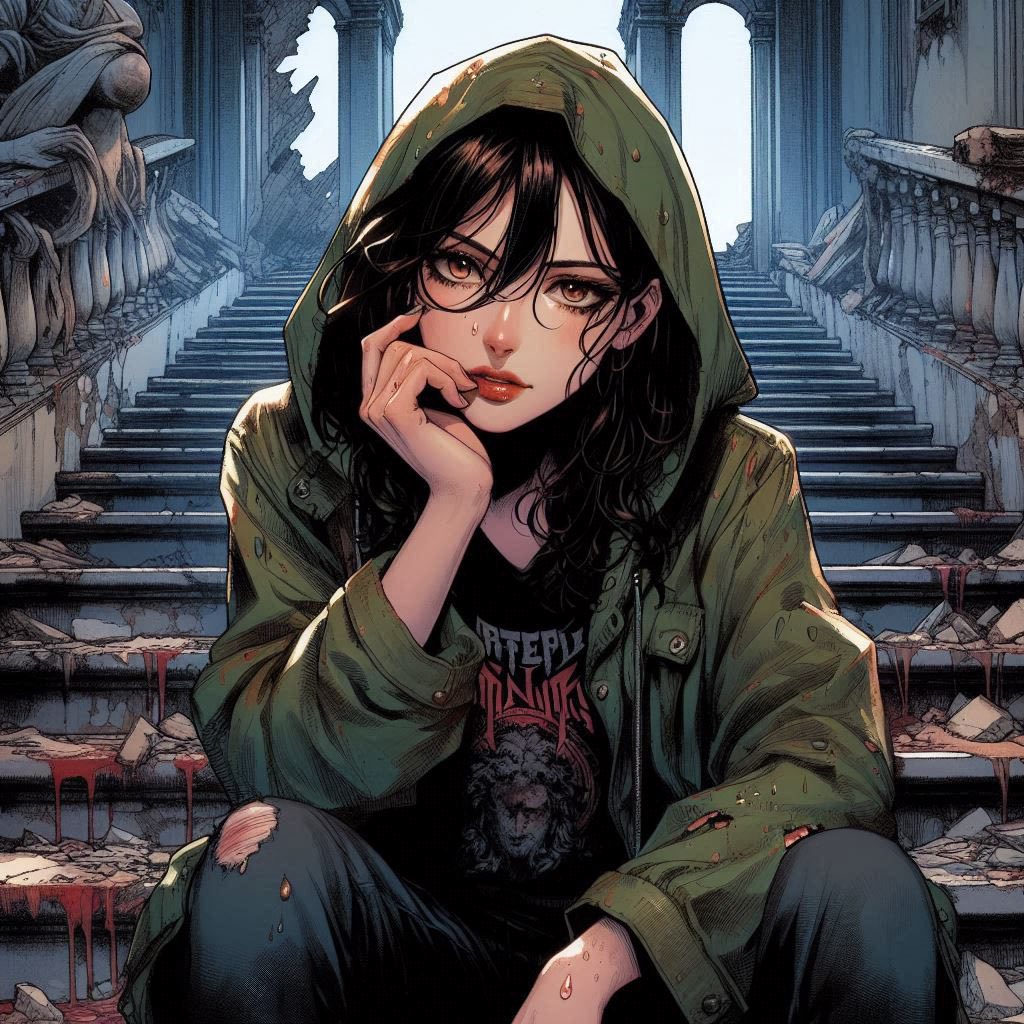 Woman on a ruined staircase