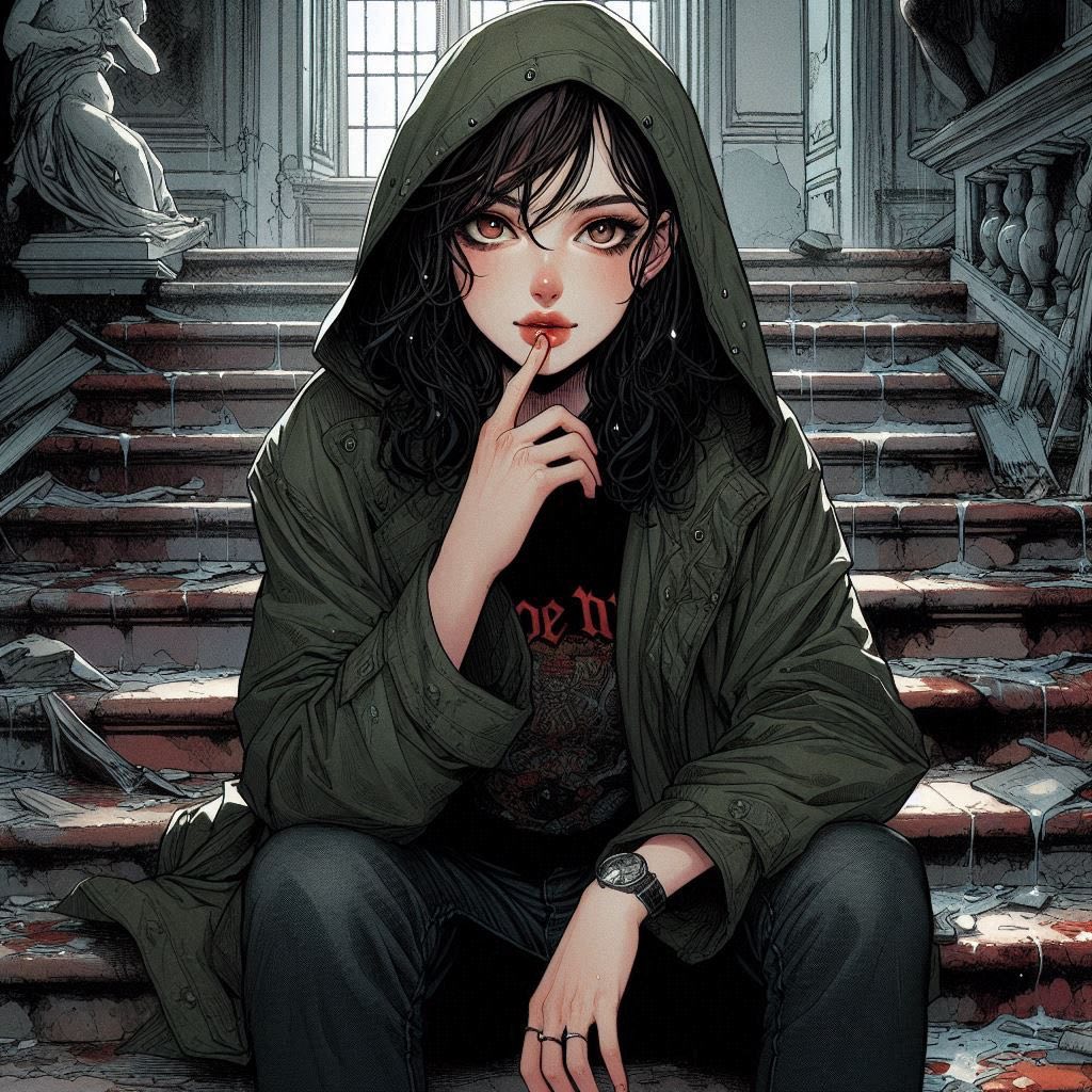 在廢墟樓梯上的女子