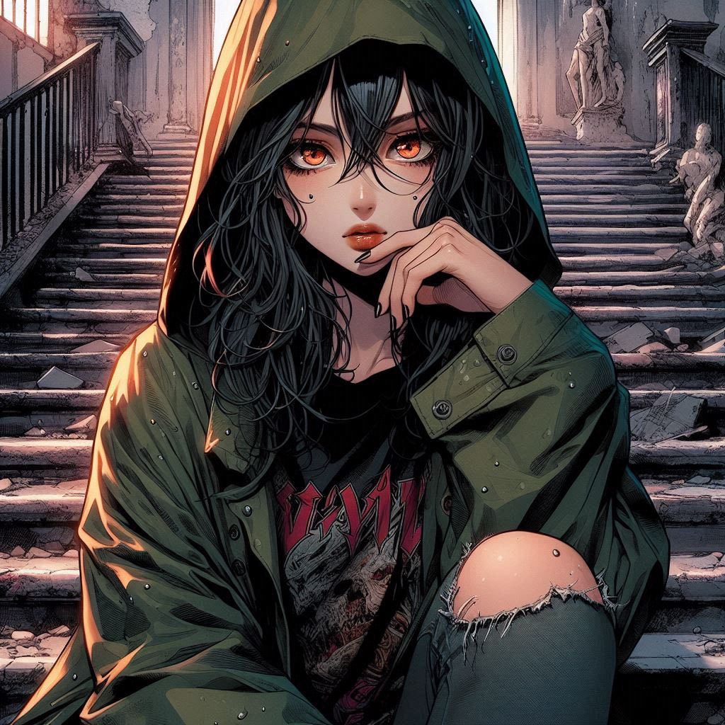 Woman on a ruined staircase