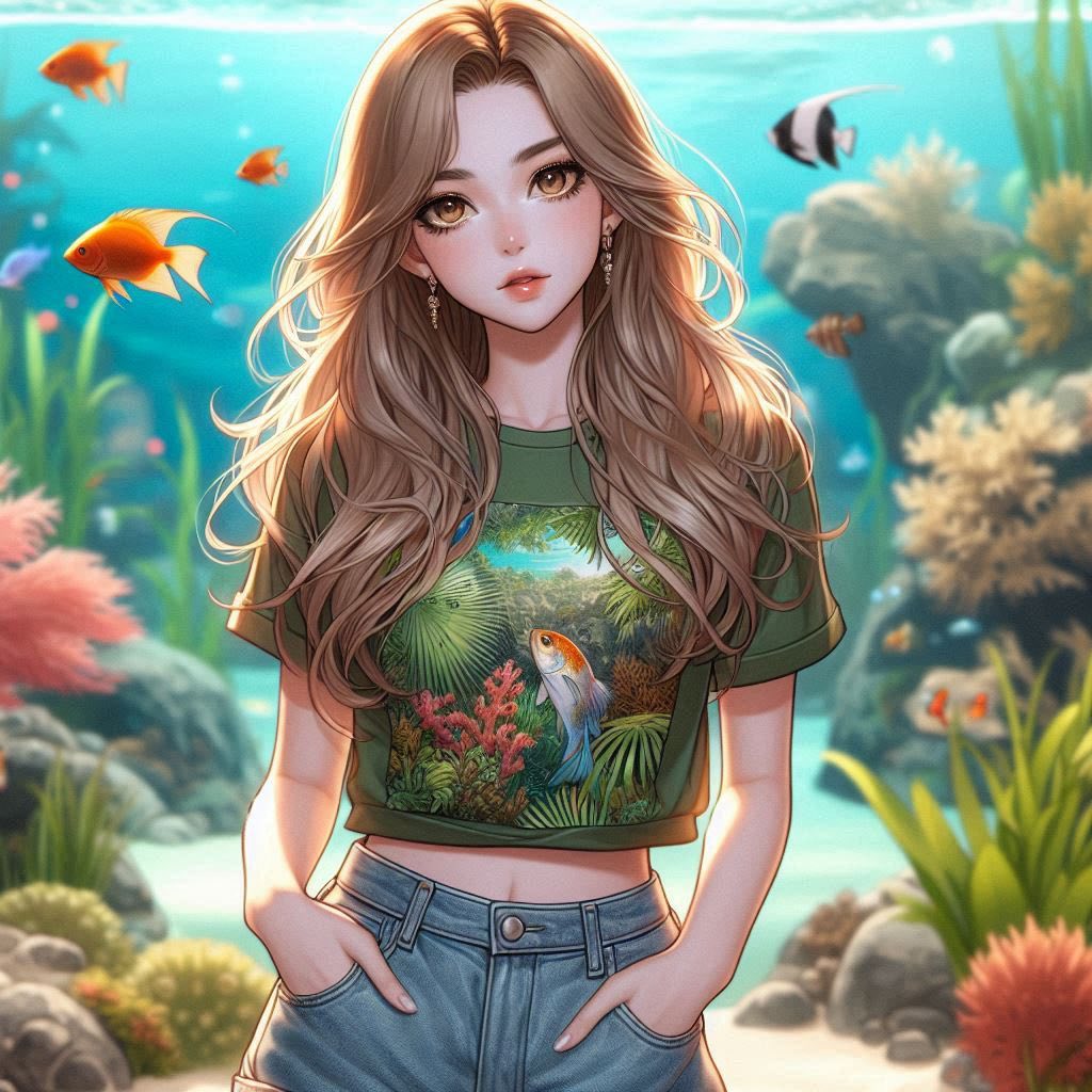 Girl in front of the aquarium