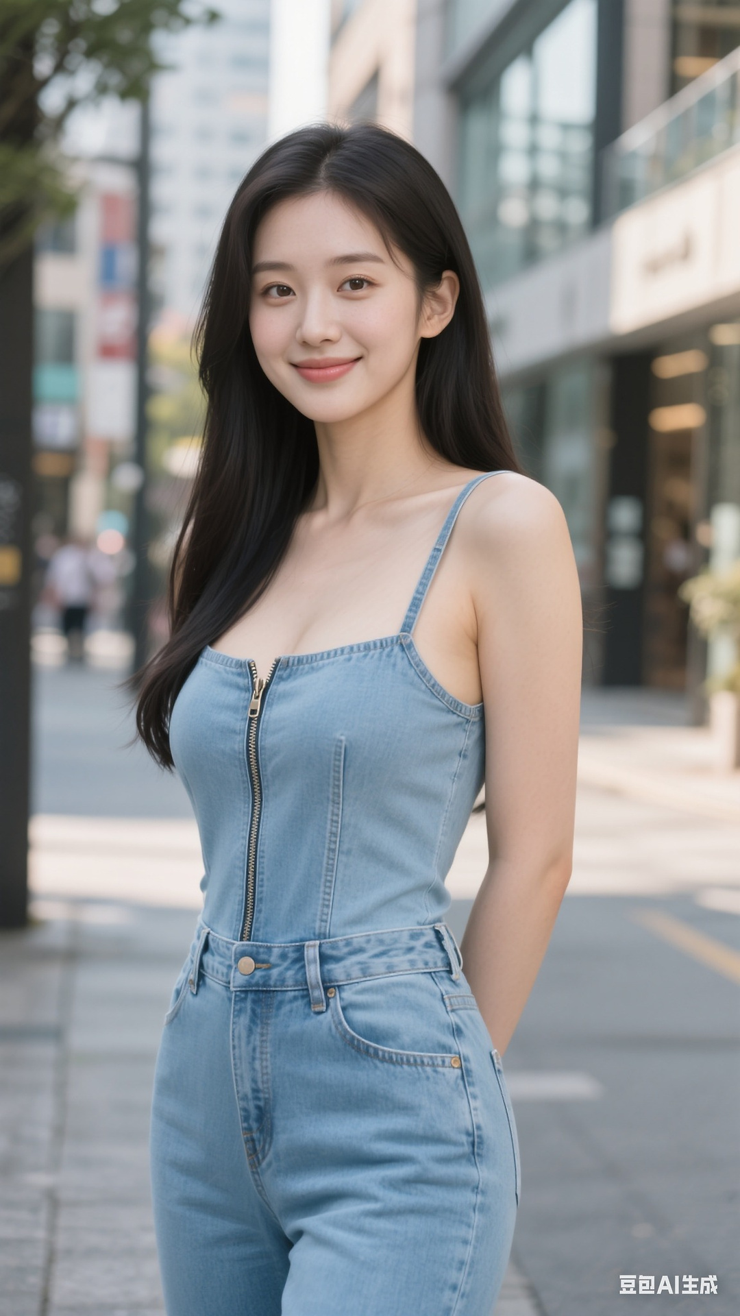 denim zipper pullover jumpsuit