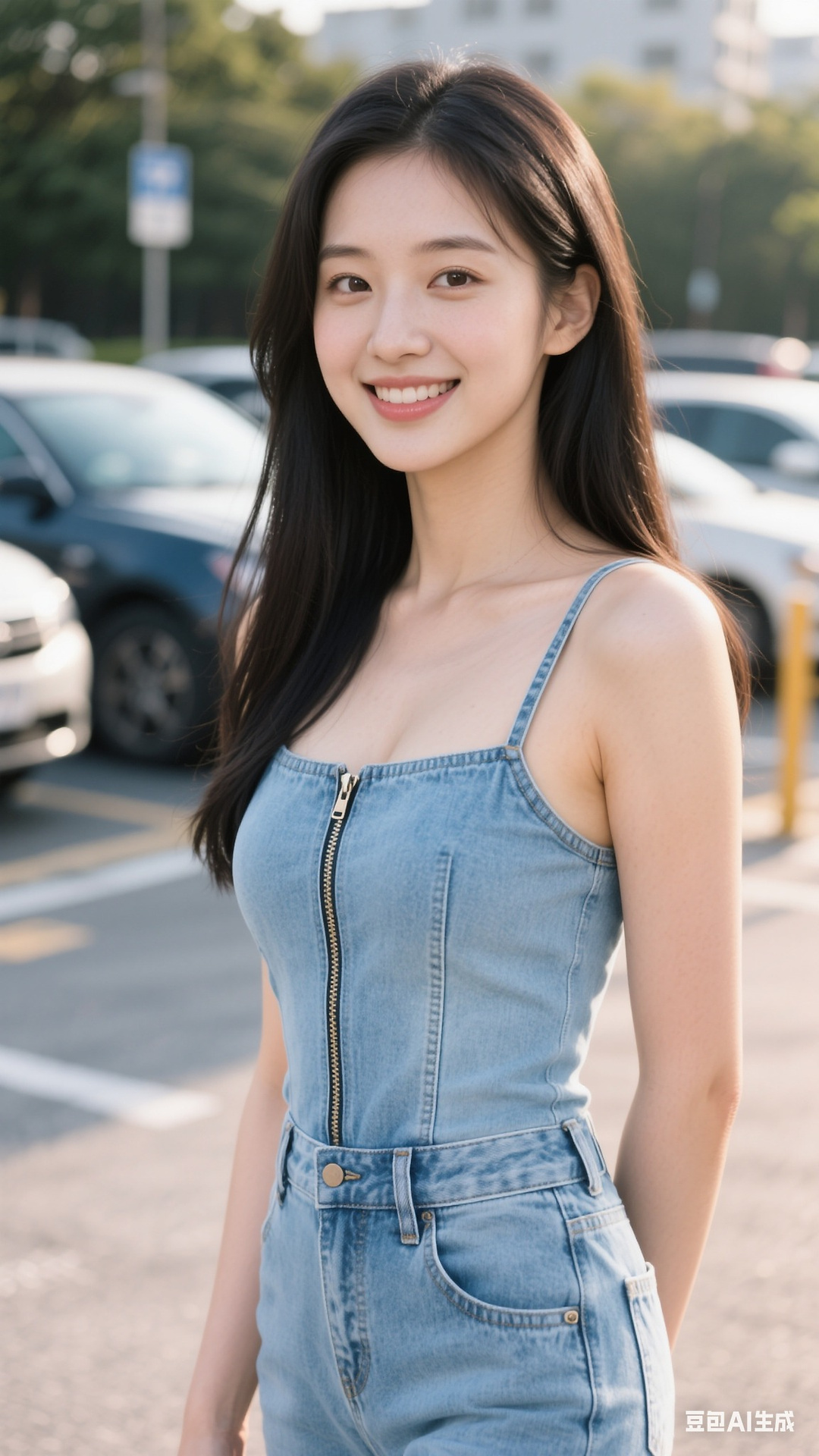 denim zipper pullover jumpsuit