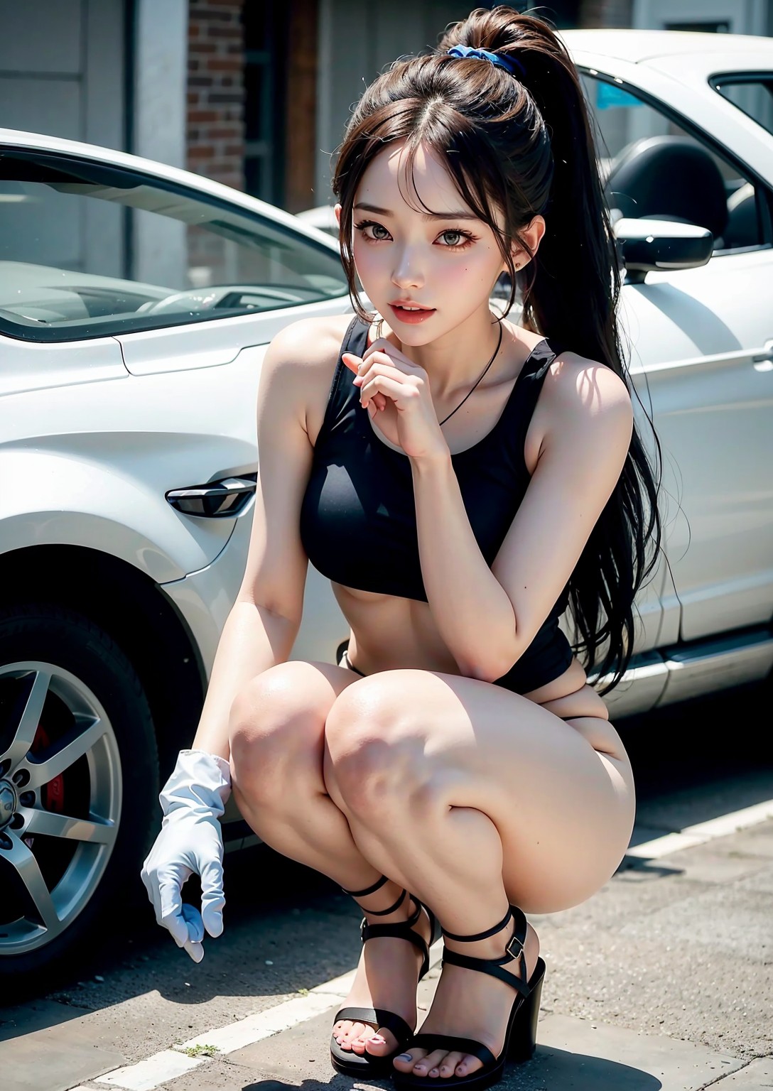 Girl washing car in summer