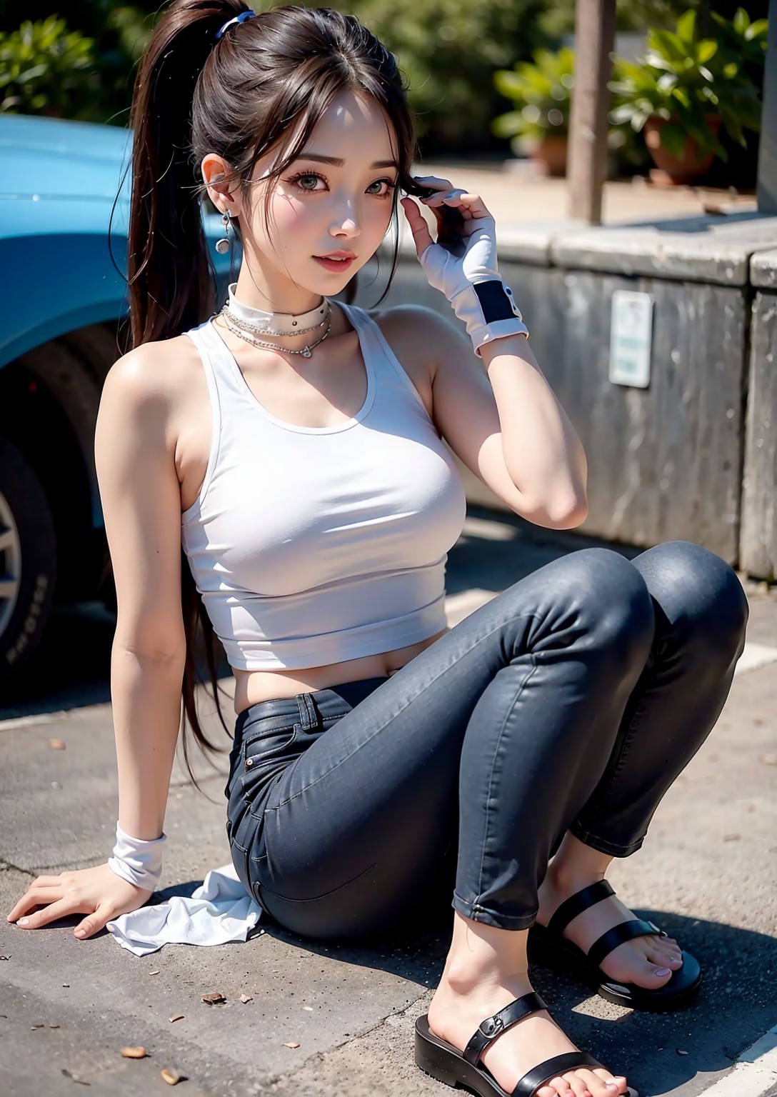 Girl washing car in summer