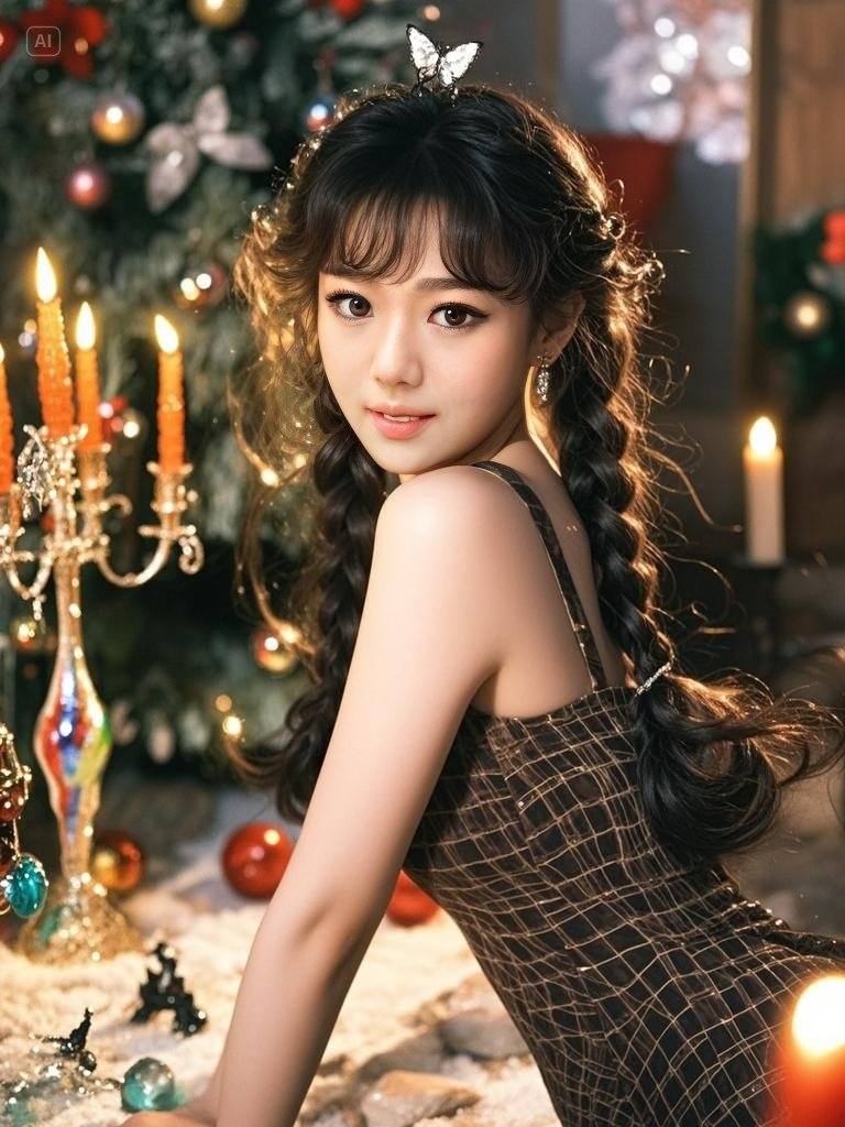 Twin Ponytail Girls Under the Christmas Tree