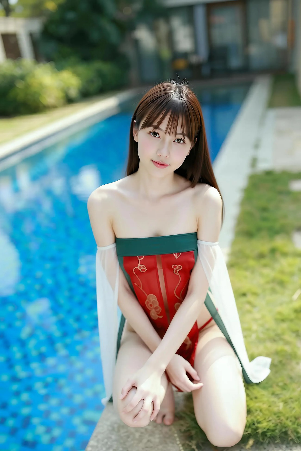 Mandarin - red-green vintage dress