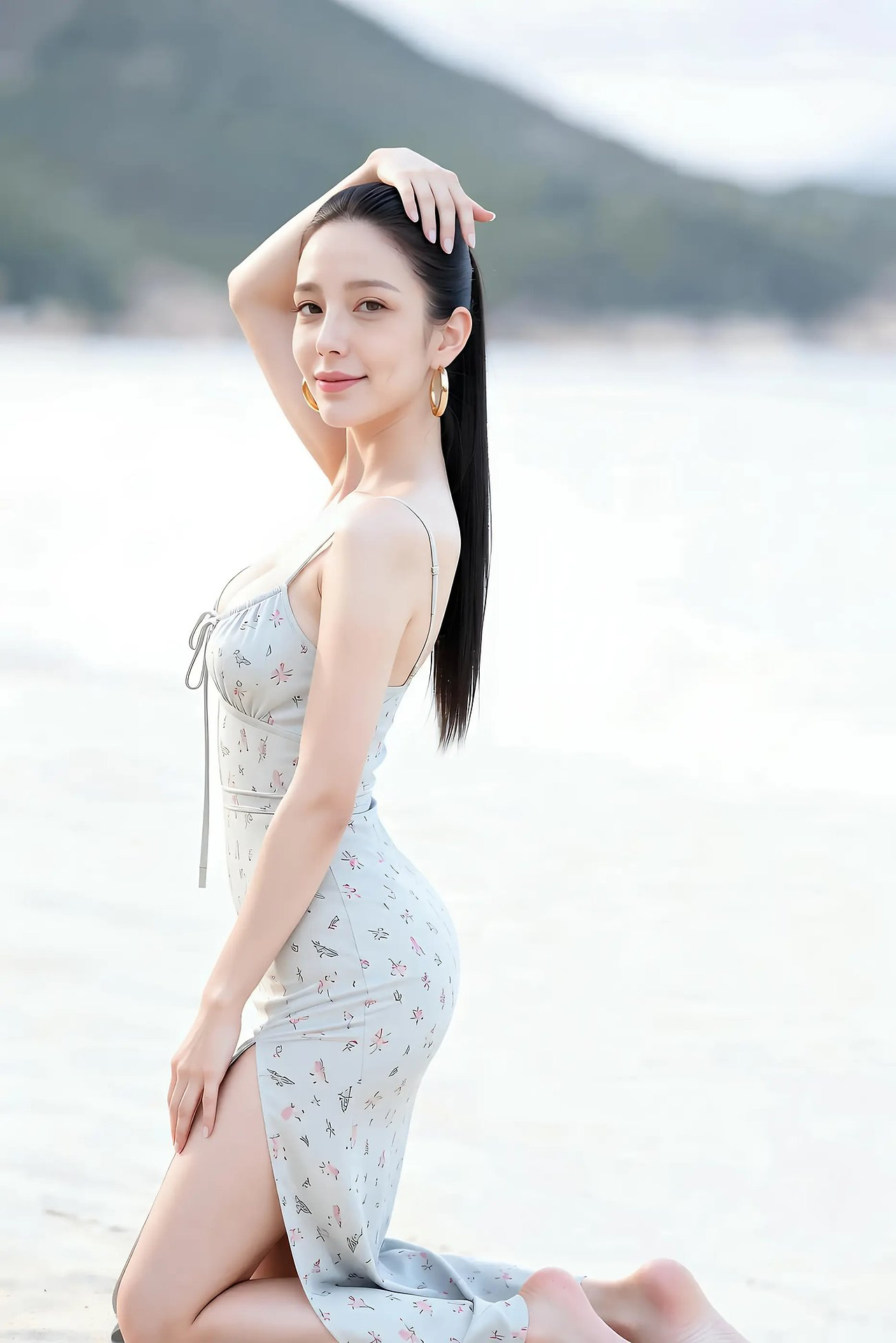 Midi - Fresh Floral Slim Shoulder Strap Long Slit Dress